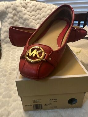 Michael Kors Red Leather Ballet Flats with Gold MK Emblem